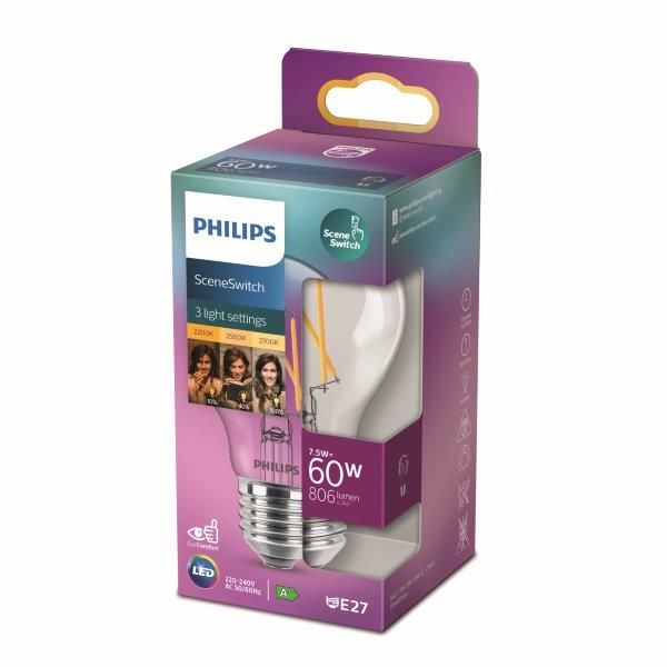 Philips 8718699772130 LED SceneSwitch žiarovka 7.5-3-1.6W/60W 806-320-150 A60 E27 2700-2500-2200K filament