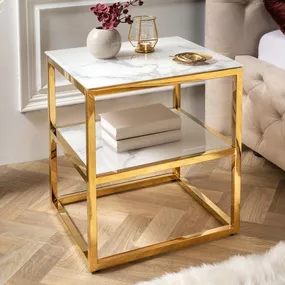 LuxD Dizajnový odkladací stolík Latrisha 45 cm bielo-zlatý - vzor mramor 