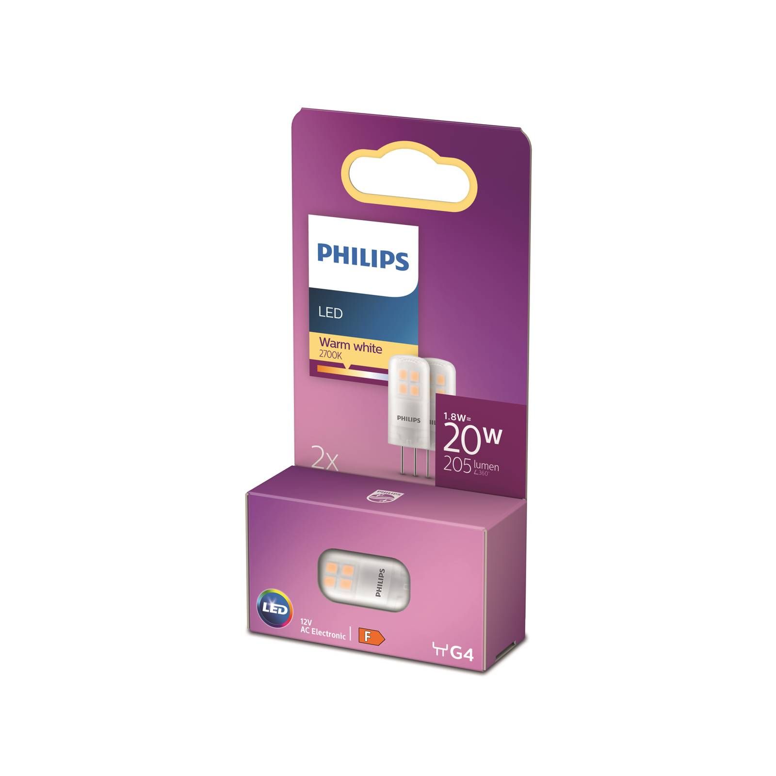 Philips kolíková LED G4 1, 8 W 827 v balení 2 kusy, plast, G4, 1.8W, Energialuokka: F, P: 3.5 cm, L: 1.3 cm