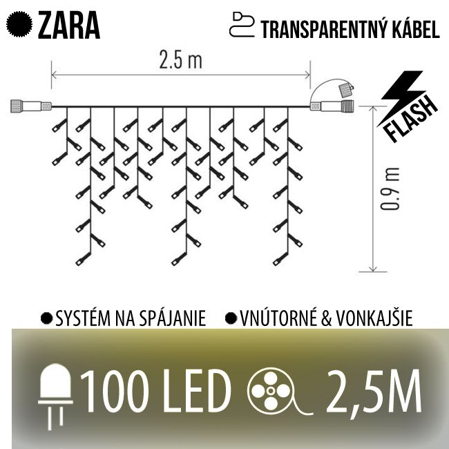 ZARA spojovateľná LED svetelná záclona vonkajšia FLASH - 100LED - 2,5M Teplá biela/Studená biela - transparentný kábel