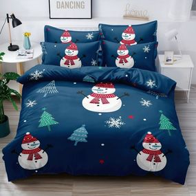 DomTextilu Vianočné tmavo modré posteľné obliečky so snehuliakmi 4 časti: 1ks 160 cmx200 + 2ks 70 cmx80 + plachta Modrá 180x220 cm 47805-220119