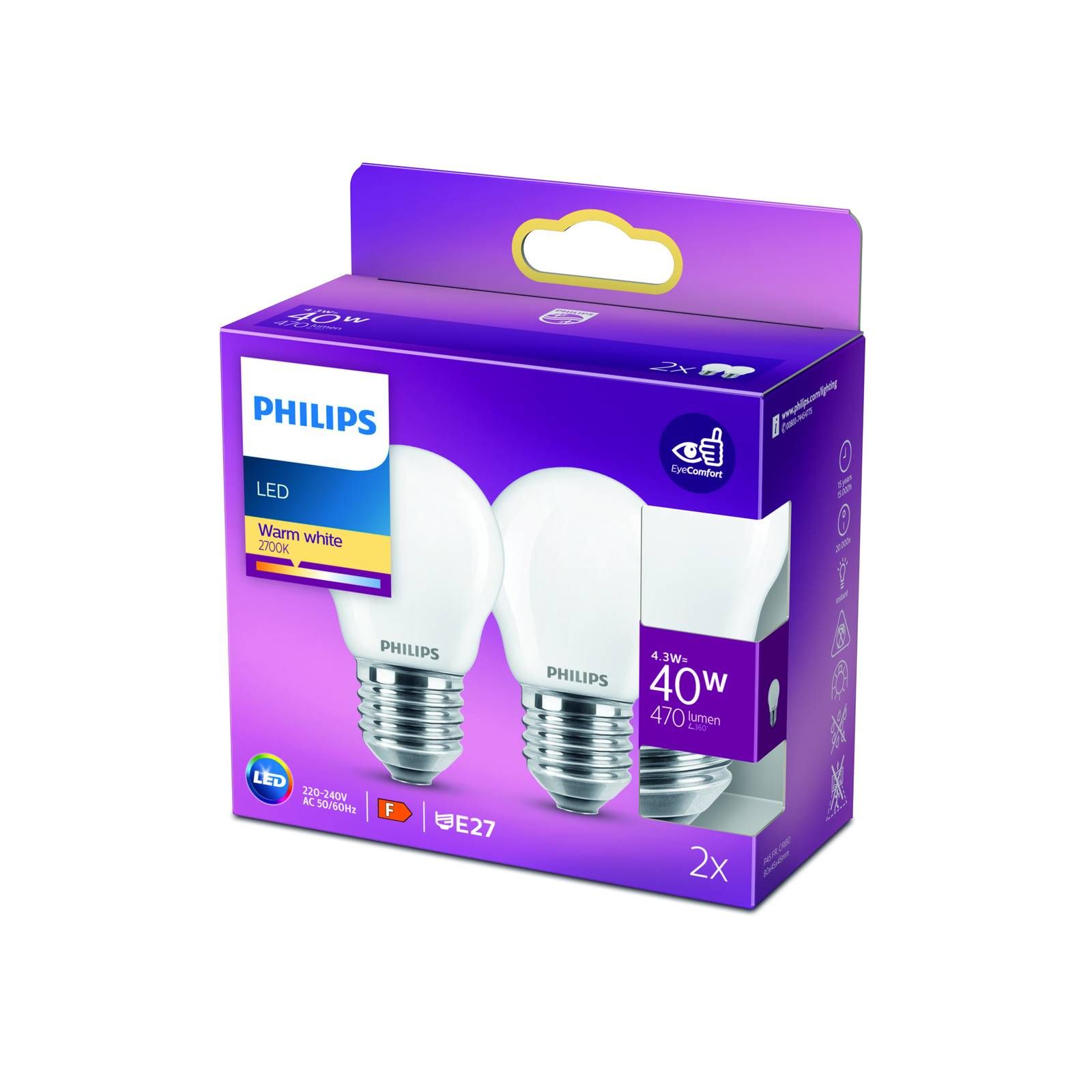 Philips LED žiarovka E27 P45 4, 3W 2700K opál 2 ks, sklo, E27, 4.3W, Energialuokka: F, P: 8 cm