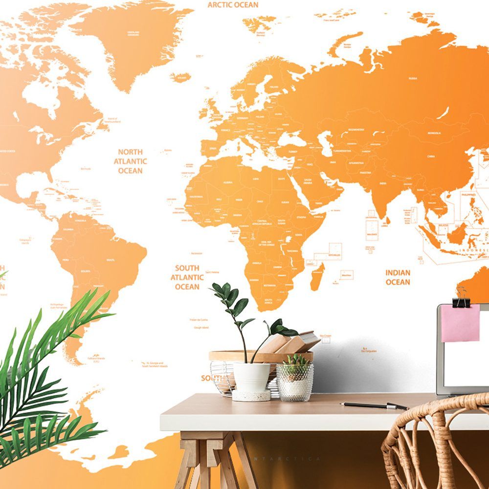 Samolepiaca tapeta mapa sveta s jednotlivými štátmi v oranžovej farbe - 450x300