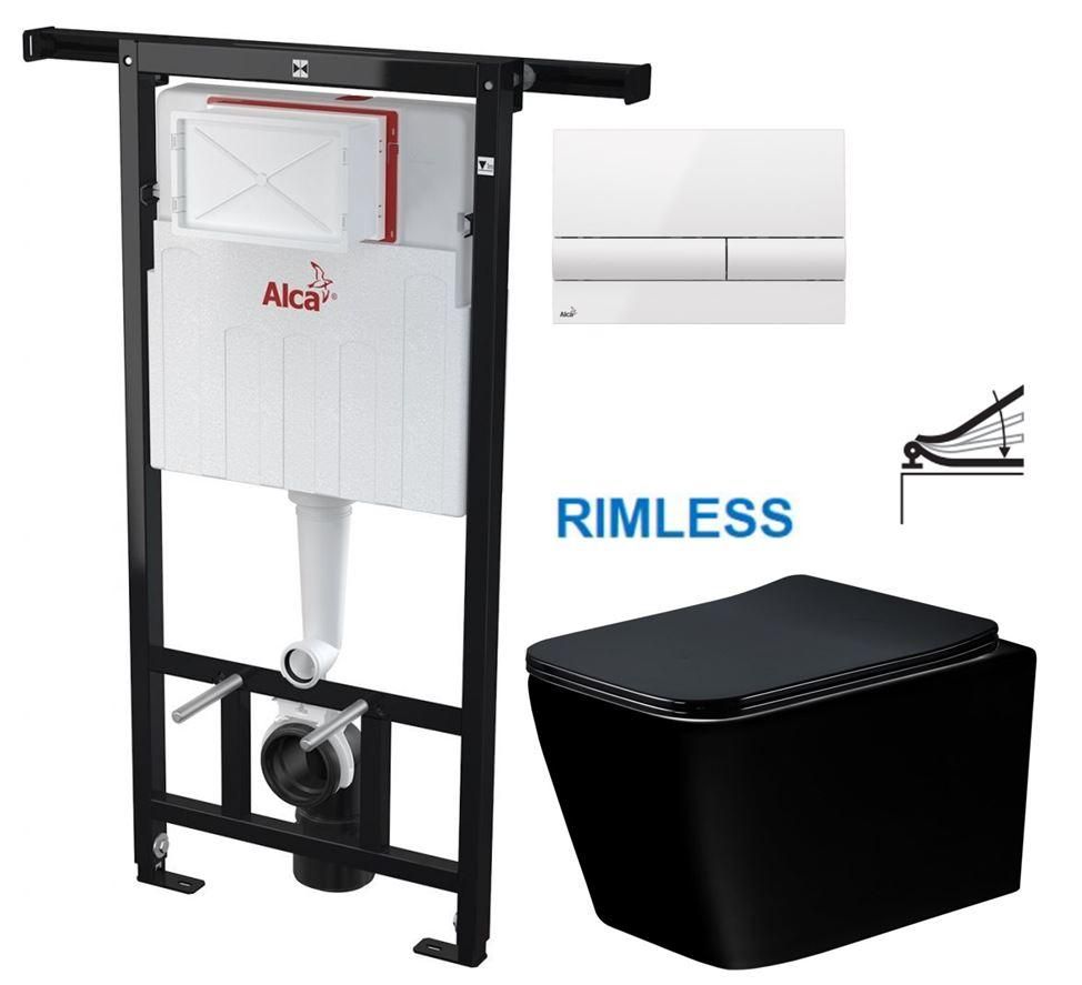 ALCADRAIN Jádromodul - predstenový inštalačný systém s bielym tlačidlom M1710 + WC MEXEN TEO ČERNÁ Rimless + SEDADLO AM102/1120 M1710 ME02