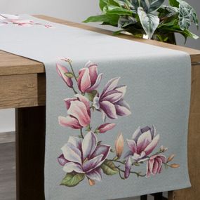 Gobelínový behúň na stôl so vzorom kvetov magnólie sivý 40x100