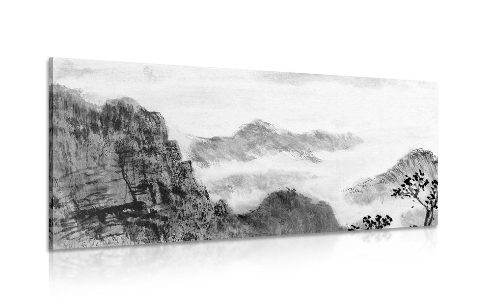 Obraz čínska krajina v hmle v čiernobielom prevedení - 120x60