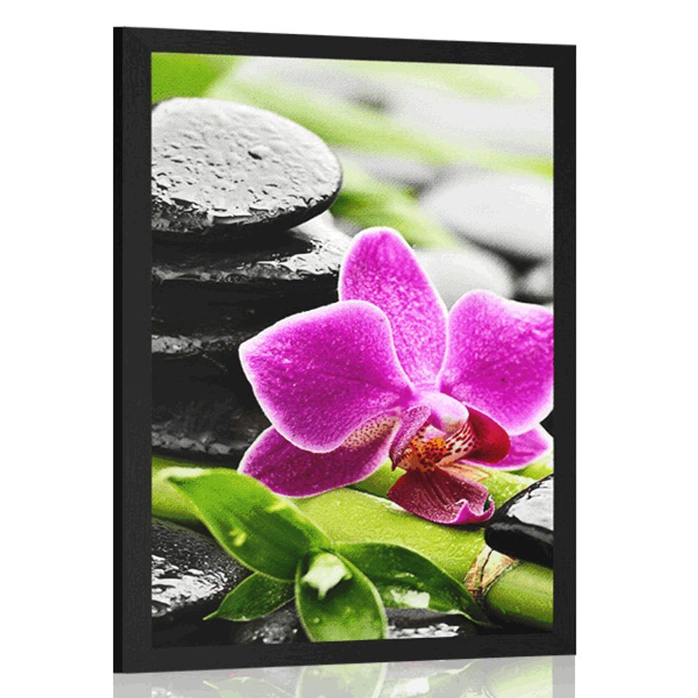 Plagát wellness zátišie s fialovou orchideou - 20x30 black