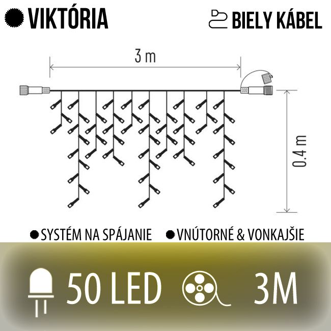 VIKTÓRIA spojovateľná LED svetelná záclona vonkajšia - 50LED - 3M Teplá biela - biely kábel