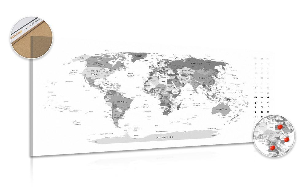 Obraz na korku detailná mapa sveta v čiernobielom prevedení - 120x60  arrow