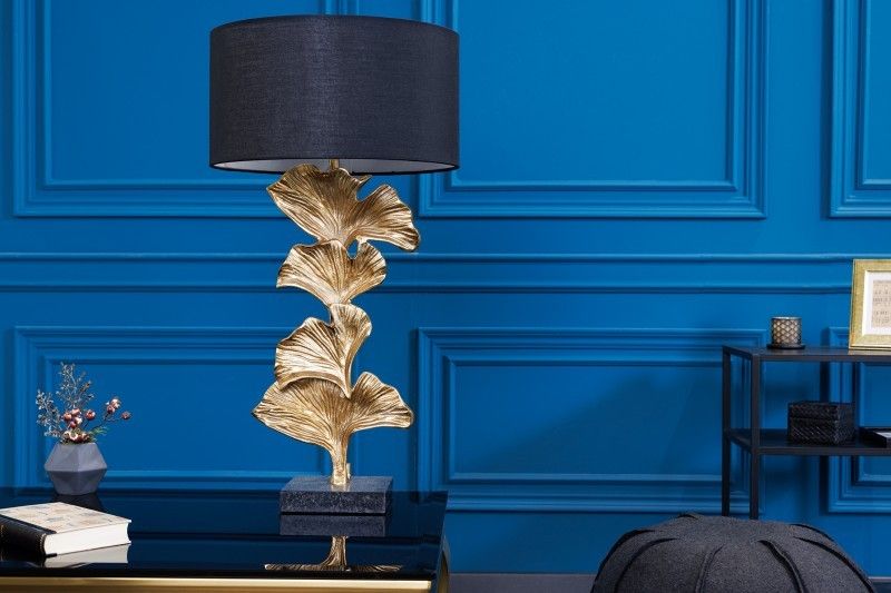 Estila Glamour art deco stolná lampa Ginko zlatej farby s čiernym okrúhlym tienidlom 70cm