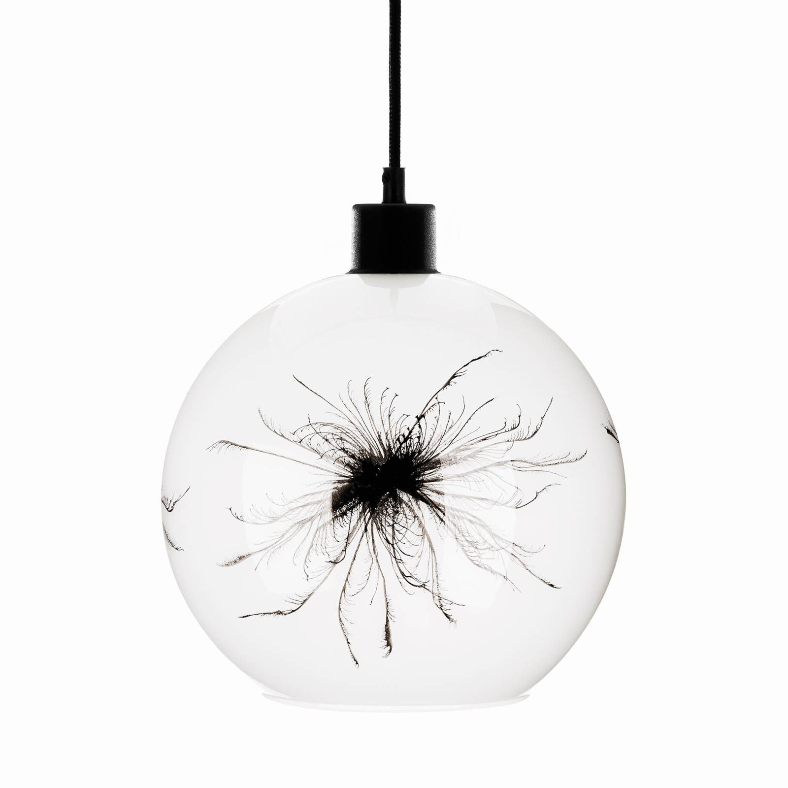Euluna Závesná lampa Ball púpavový dekór na boku Ø 25 cm, Obývacia izba / jedáleň, sklo, kov, E27, 60W, K: 23cm