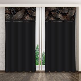 Elegantný záves v čiernej farbe s potlačou listov