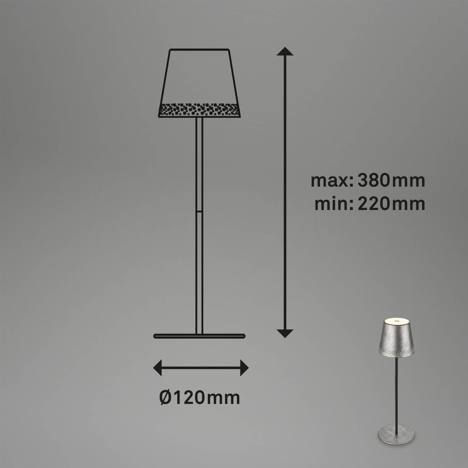 Briloner Stolová LED lampa Kiki batéria 3000K strieborná, Obývacia izba / jedáleň, kov, 2.6W, K: 38.5cm