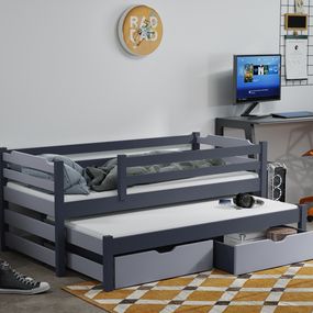 Detská posteľ z masívu borovice MARTIN II s prístelkou a zásuvkami - 200x90 cm - grafit/šedá