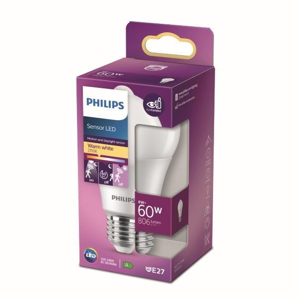 Philips 8718699782733 LED žiarovka E27 8W/60W 806lm A60 E27 2700K so senzorom
