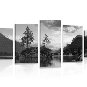 5-dielny obraz čiernobiela horská krajina pri jazere