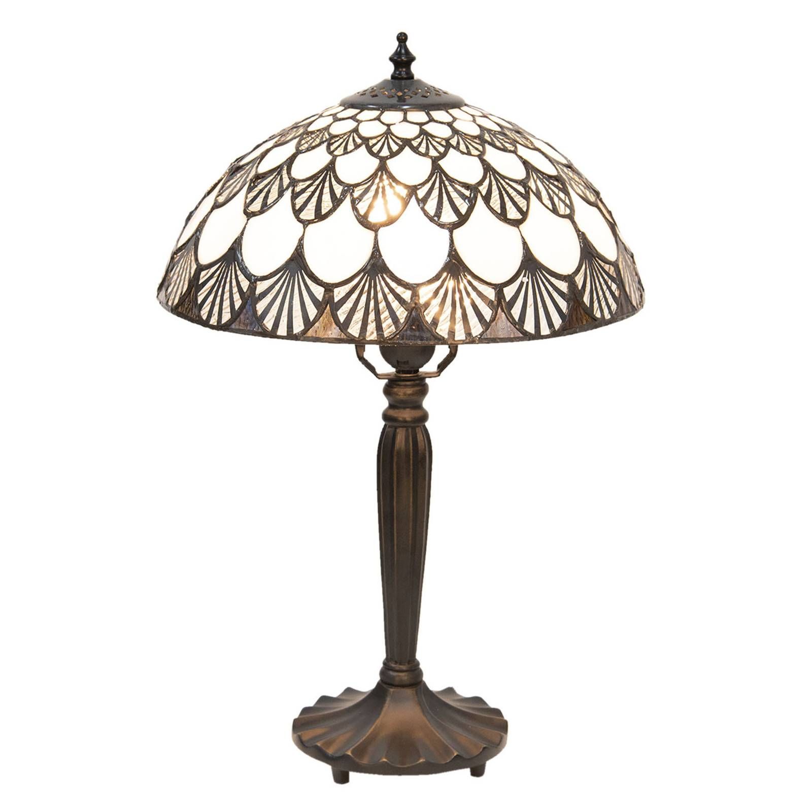 Clayre&Eef Stolná lampa 5998 mušľový vzor Tiffany vzhľad, Obývacia izba / jedáleň, polyrezín, sklo, E27, 60W, K: 46cm