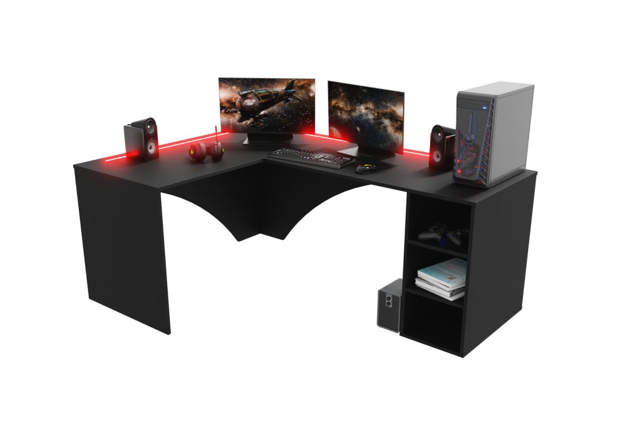 Expedo Počítačový rohový stôl CARAMBOL + LED, 185x74x135, čierna, ľavá