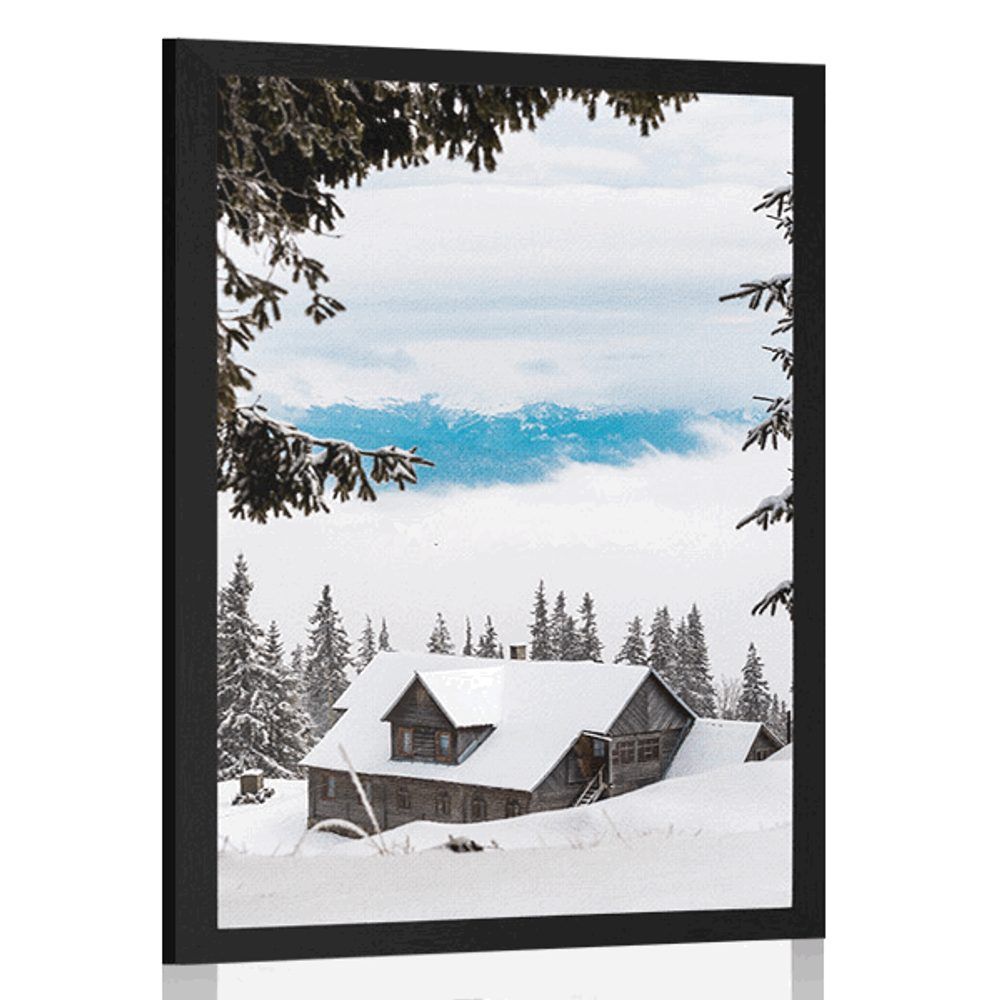 Plagát drevený domček pri zasnežených boroviciach - 40x60 black