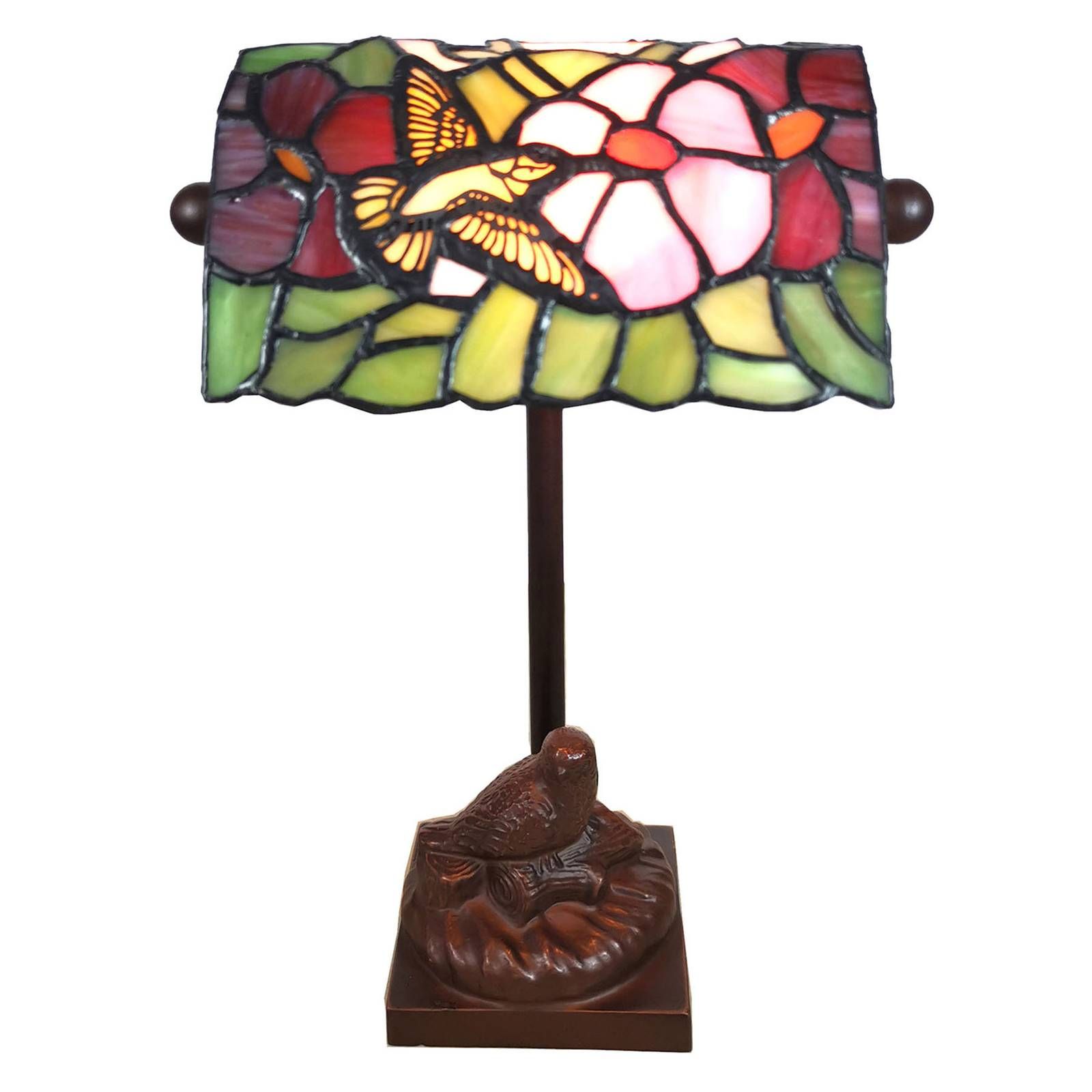 Clayre&Eef Stolná lampa 6008, Tiffany štýl, s motívom vtákov, Obývacia izba / jedáleň, polyrezín, sklo, E14, 25W, P: 15 cm, L: 15 cm, K: 33cm