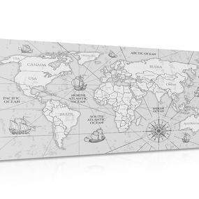 Obraz na korku mapa sveta s loďkami v čiernobielom prevedení - 120x60  wooden