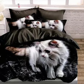 DomTextilu Elegantné čierne posteľné obliečky s motívom bielej mačky 3 časti: 1ks 160 cmx200 + 2ks 70 cmx80 Čierna 37873-179087