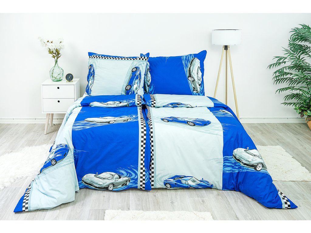 Stanex  Detské posteľné obliečky bavlnené Autíčka modré  140x200/70x90 cm