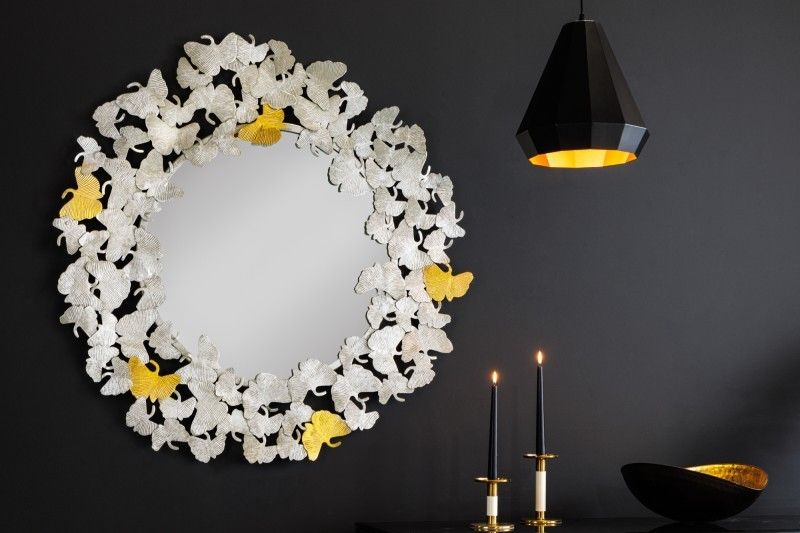 Estila Dizajnové glamour nástenné zrkadlo Ginko s ozdobným kovovým rámom z listov ginka striebornej farby 95cm