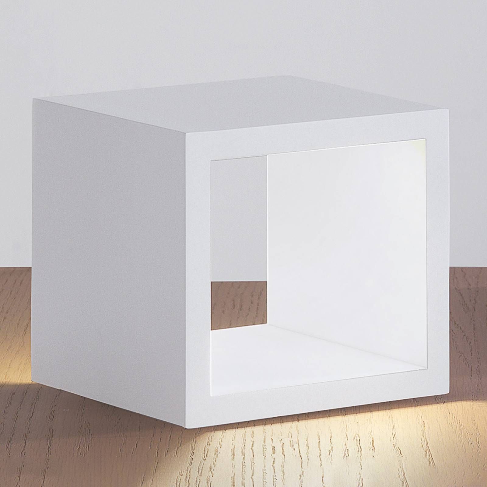 ICONE Cubò – stolná LED lampa, biela, Obývacia izba / jedáleň, hliník, 5W, P: 10 cm, L: 10 cm, K: 11cm