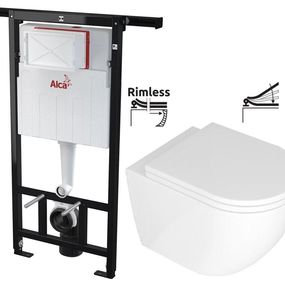 ALCADRAIN Jádromodul - predstenový inštalačný systém bez tlačidla + WC REA Carlo Mini Basic Rimlesss + SEDADLO AM102/1120 X CB1