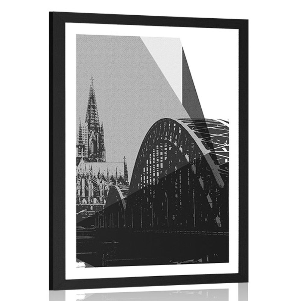 Plagát s paspartou ilustrácia mesta Kolín v čiernobielom prevedení - 60x90 black