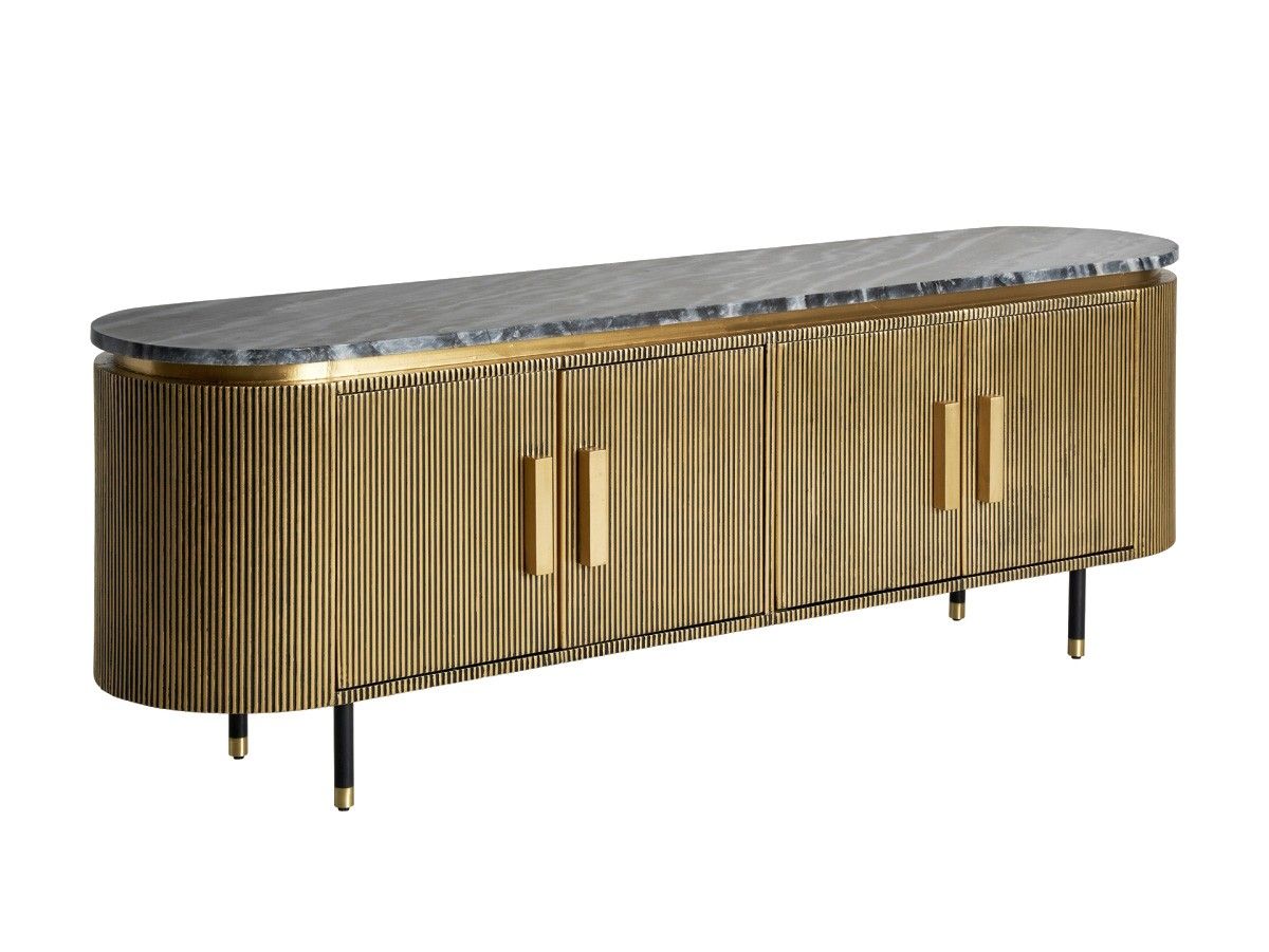Estila Art deco glamour oválny TV stolík Chamoix v zlatom prevedení s kovovou konštrukciou a čiernou mramorovou doskou 180cm