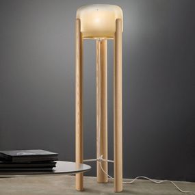 Vistosi Stojaca lampa Sata tienidlo jantár podstavec drevo, Obývacia izba / jedáleň, sklo, drevo, E27, 77W, K: 130cm