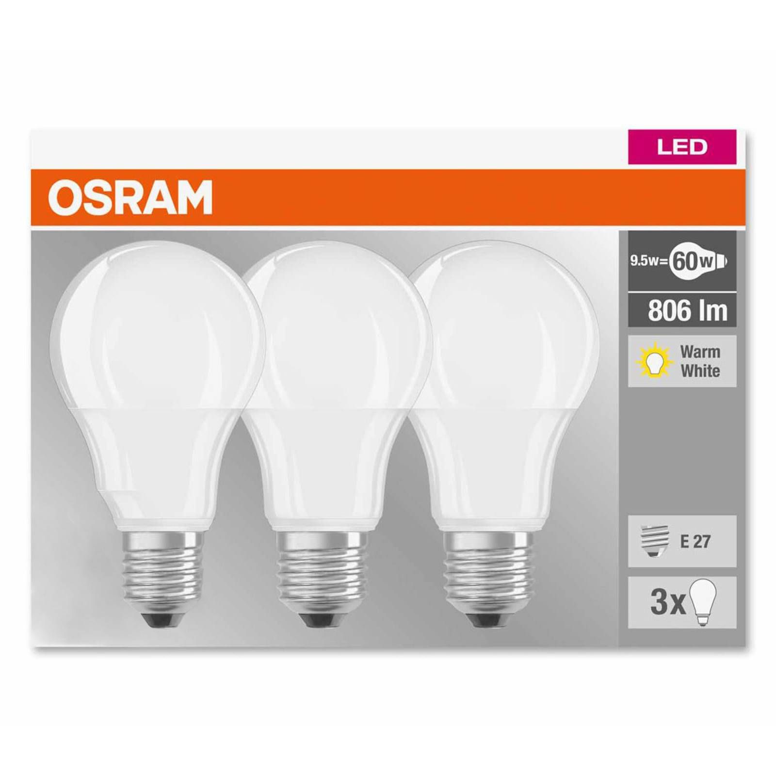 OSRAM E27 9W 827 LED žiarovka matná, sada 3 kusov, plast, E27, 9W, Energialuokka: F, P: 11 cm
