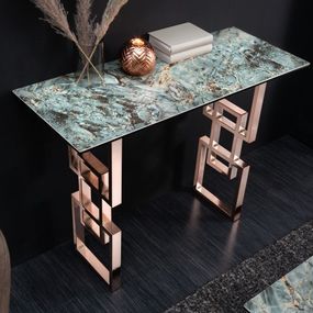 Estila Art-deco konzolový stolík Ariana s mramorovým dizajnom na tyrkysovej vrchnej doske s ružovo zlatou podstavou 100cm