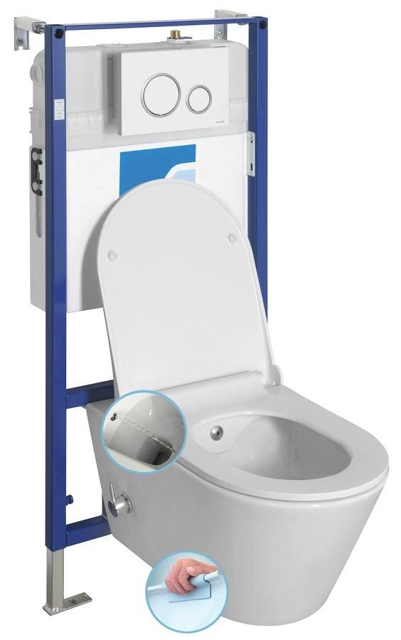 Závesné WC AVVA Rimless, integr. batéria a bidet. sprška s podomietkovou nádržkou a tlačidlom Schwab, biela 100315-SET5