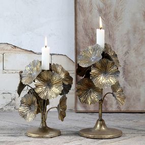 Bronzový antik kovový svietnik zdobený kvetmi Flower - Ø 14*20cm