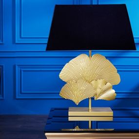 Estila Dizajnová glamour stolná lampa Ginko so zlatou kovovou podstavou a okrúhlym čiernym tienidlom 60cm