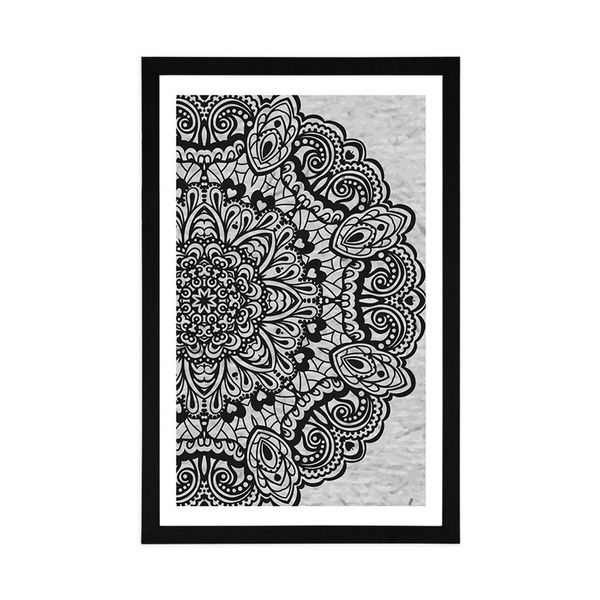 Plagát s paspartou kvetinová Mandala v čiernobielom prevedení - 40x60 silver