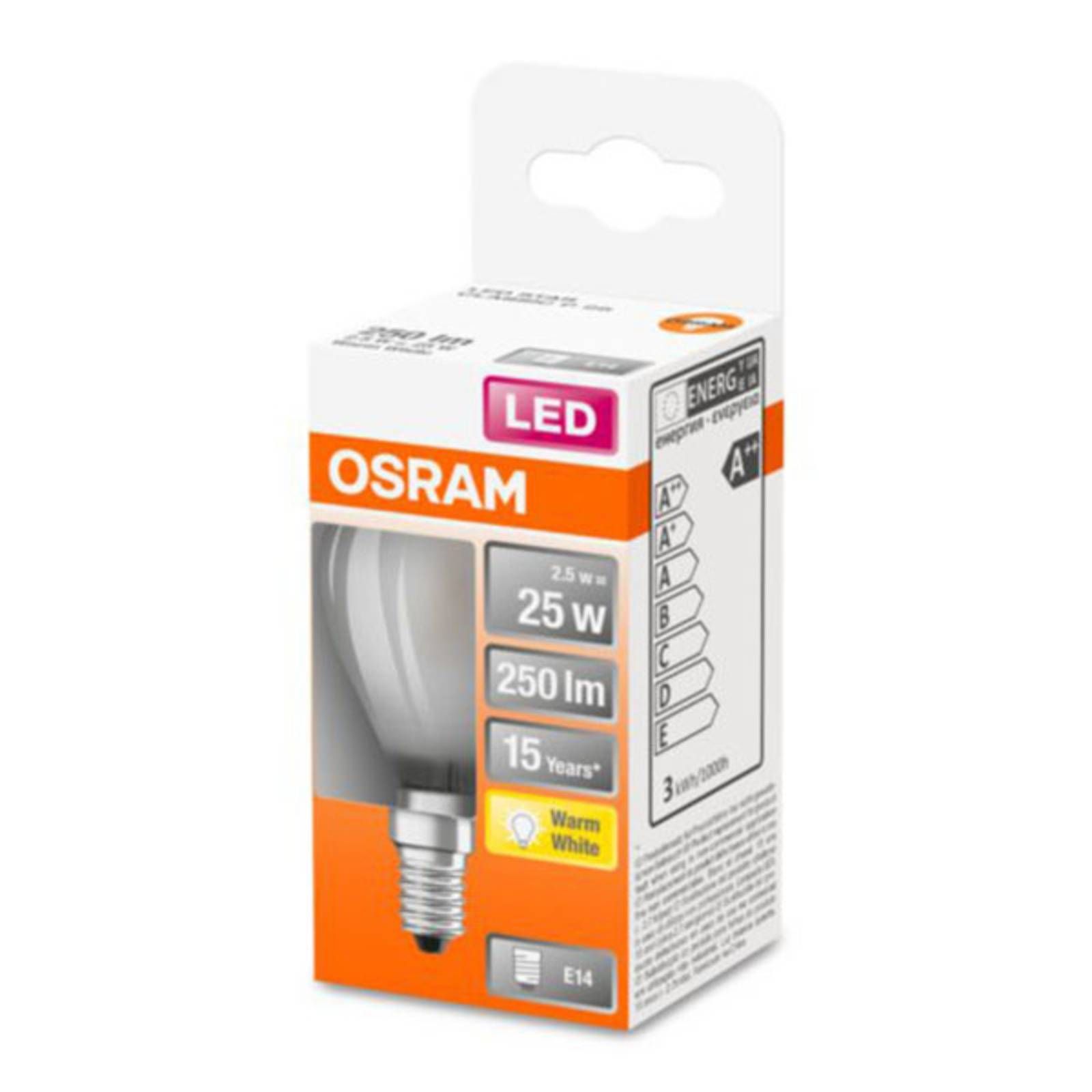OSRAM Classic P LED žiarovka E14 2, 5W 2.700K matná, E14, 2.5W, Energialuokka: F, P: 7.7 cm