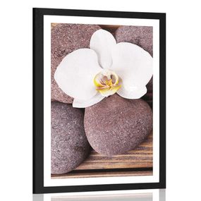 Plagát s paspartou wellness kamene a orchidea na drevenom pozadí - 60x90 black