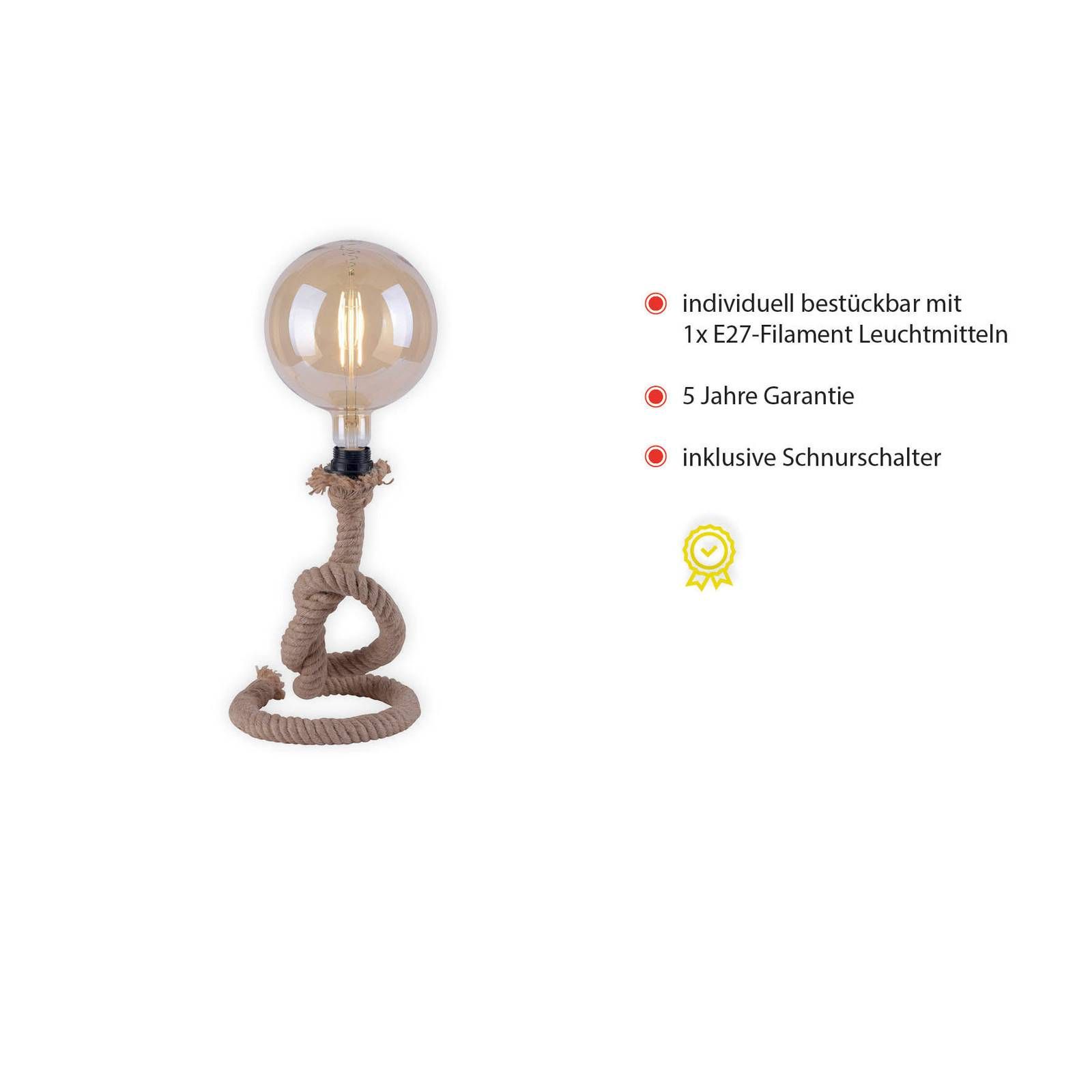 Leuchten Direkt Stolová lampa Rope z hrubého lana, Obývacia izba / jedáleň, Lano, E27, 60W, K: 33cm