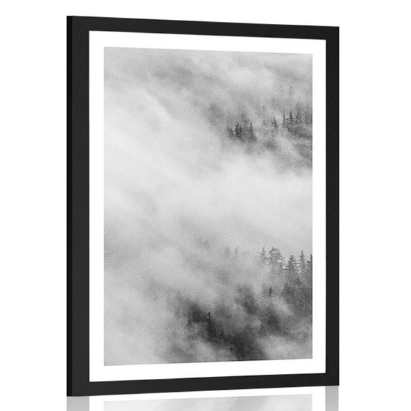Plagát s paspartou čiernobiely hmlistý les - 60x90 white