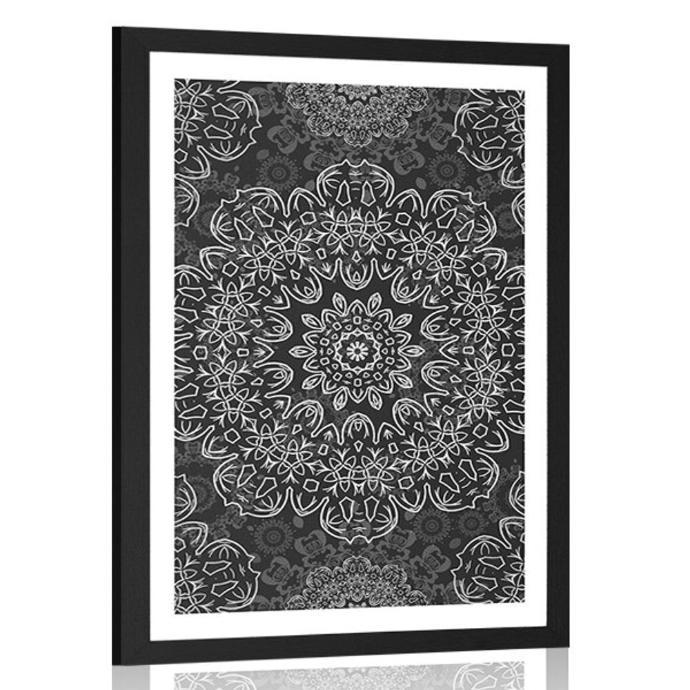 Plagát s paspartou Mandala s abstraktným vzorom v čiernobielom prevedení - 60x90 black