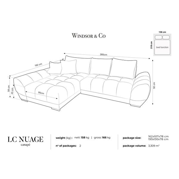 Tmavosivá rozkladacia rohová pohovka so zamatovým poťahom Windsor & Co Sofas Nuage, ľavý roh