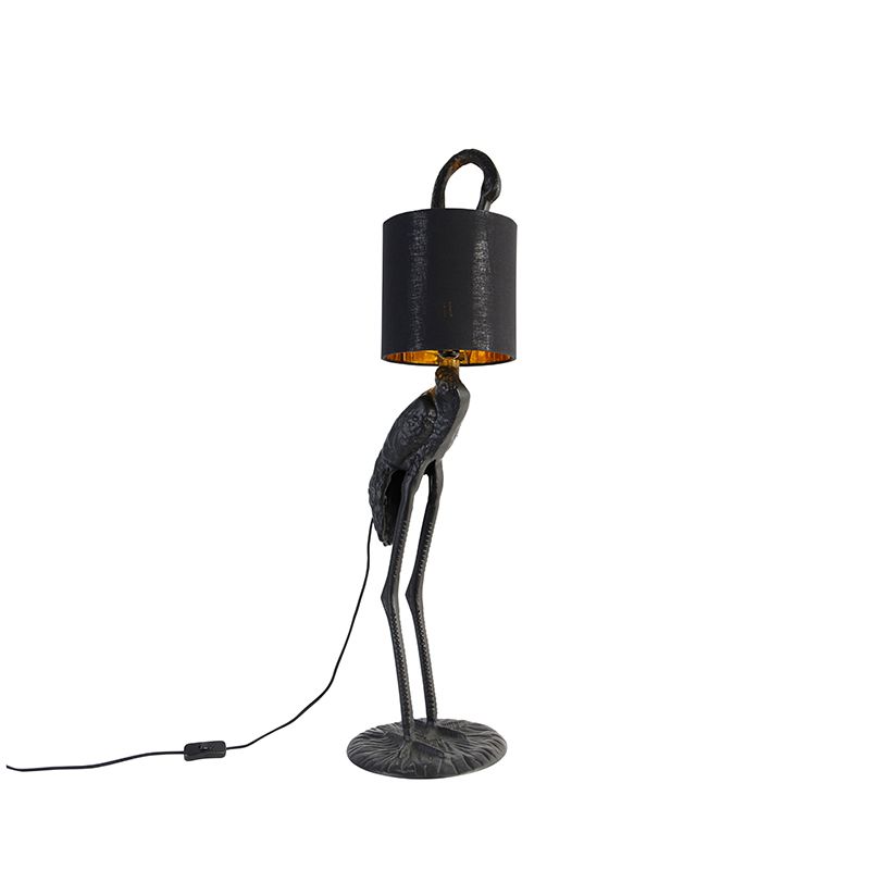 Vintage stojaca lampa čierna s látkovým tienidlom čierna - Crane bird