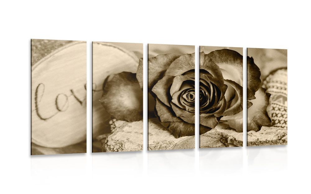 5-dielny obraz ruža v sépiovom prevedení Love