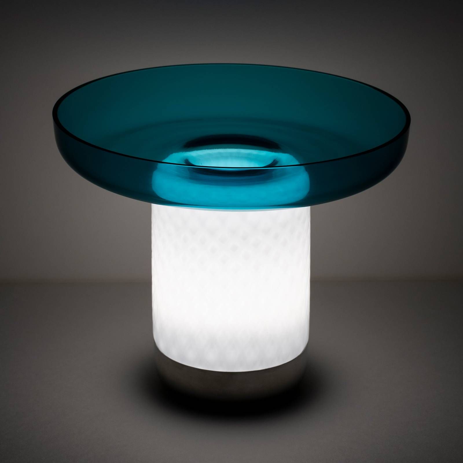 Artemide Bontà stolná LED lampa, tyrkysová doska, Obývacia izba / jedáleň, ručne vyrobené sklo, plast, 2.4W, K: 21.4cm