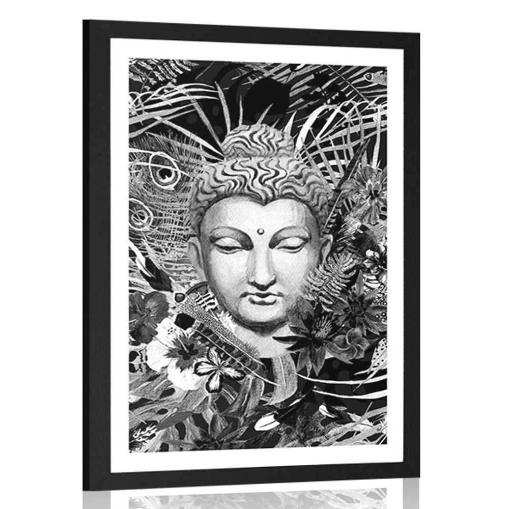Plagát s paspartou Budha na exotickom pozadí v čiernobielom prevedení - 60x90 black