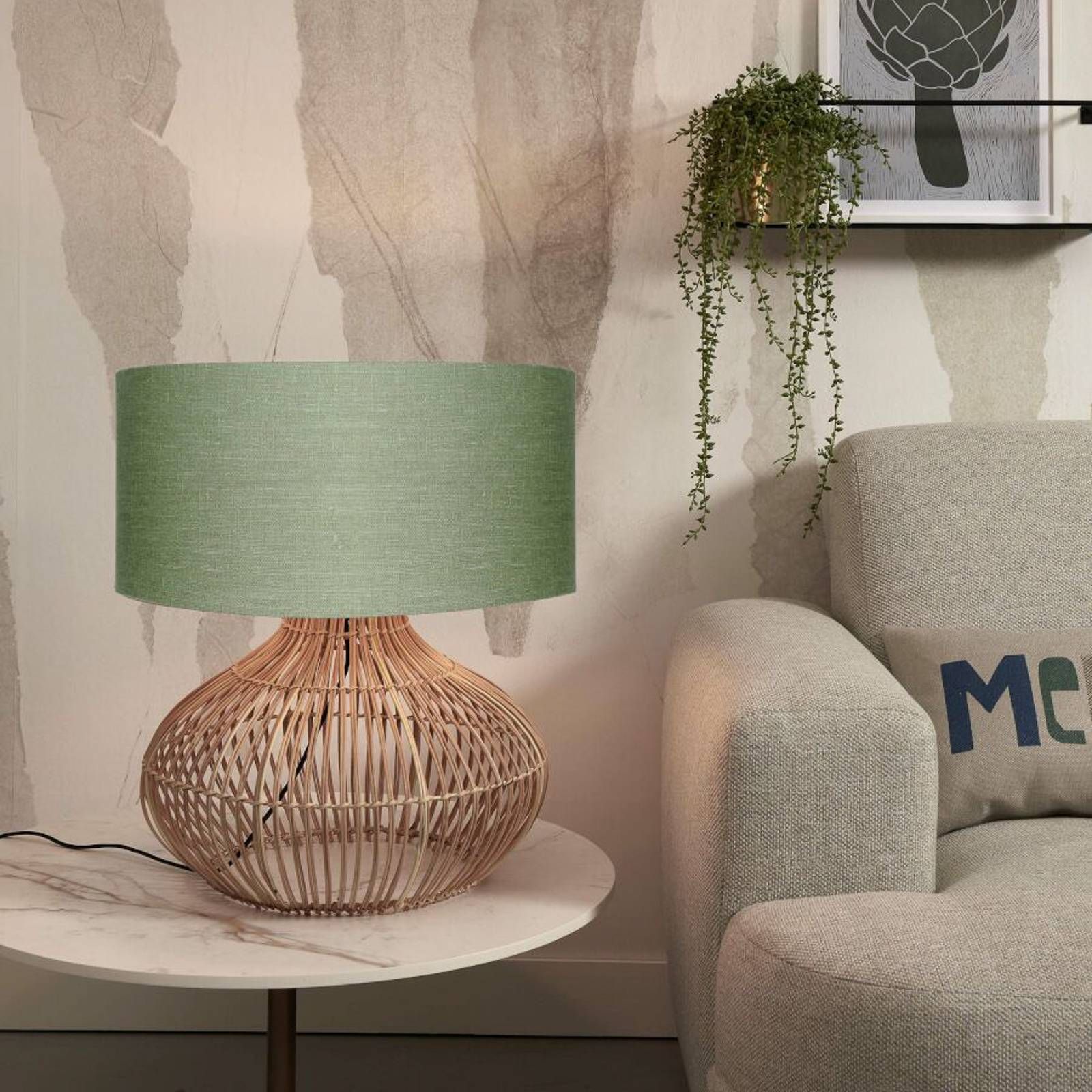 Good & Mojo GOOD MOJO Kalahari stolová lampa, 47 cm, zelená, Obývacia izba / jedáleň, ratan, ľan, E27, 40W, K: 65cm